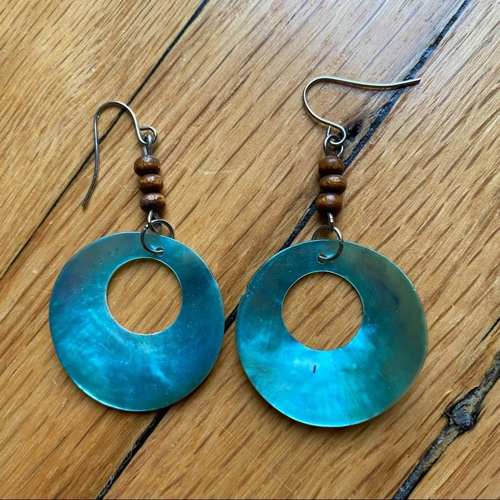 Shell and Wooden Bead Drop Earrings, Silver Hooks, Modcloth